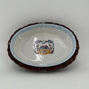 Vintage Teamson 1995 Country Home Oval Casserole Baking Dish Stoneware & Basket